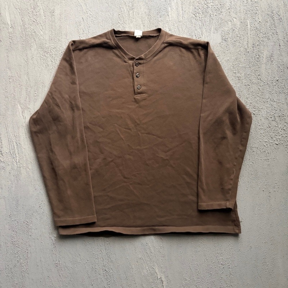 Vintage Old Navy Henley Shirt XL Brown 2000s Y2K Long Sleeve Cotton Pullover